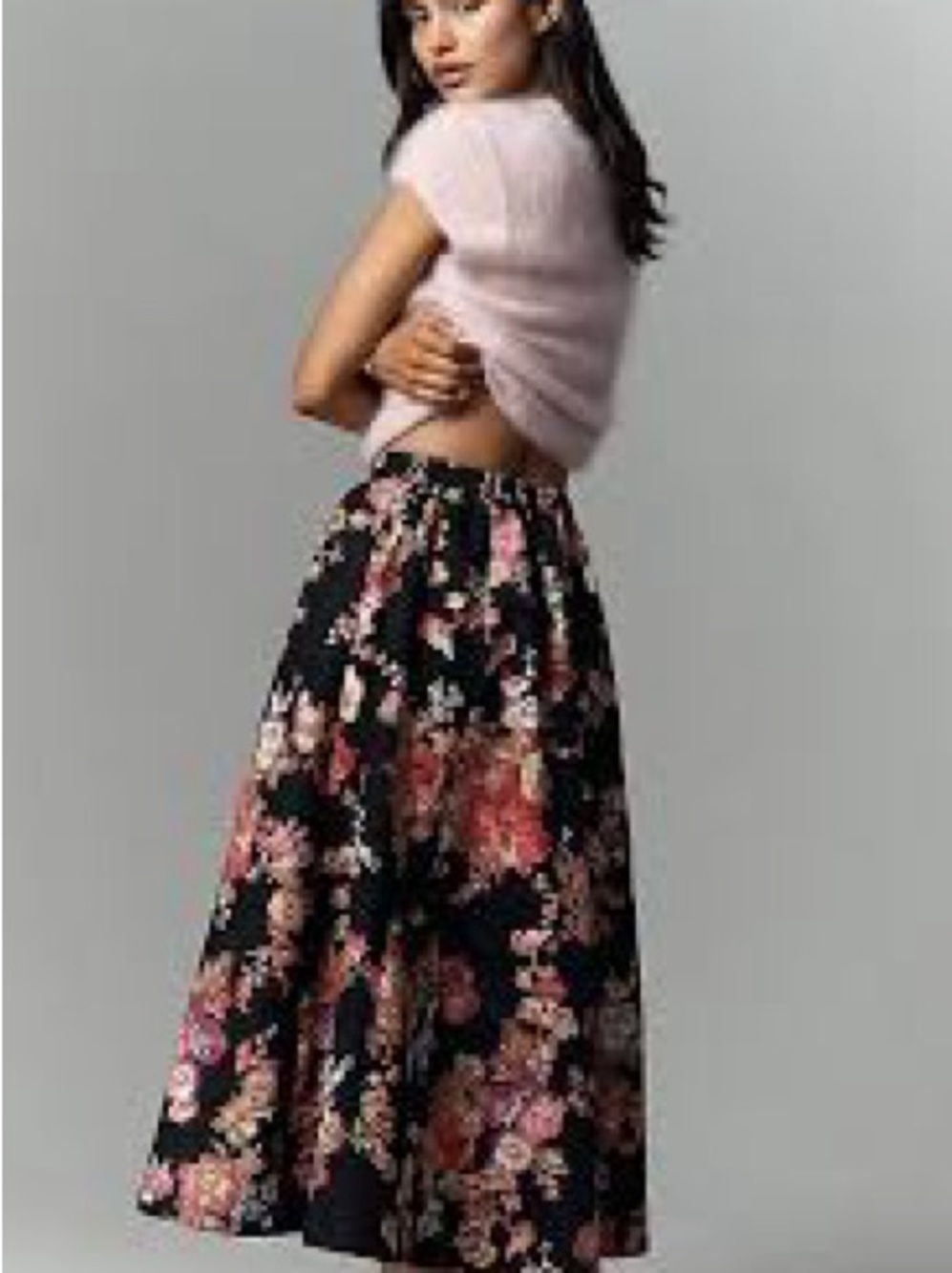 Maeve Black Maxi Skirt with Pink and Cream Floral Print